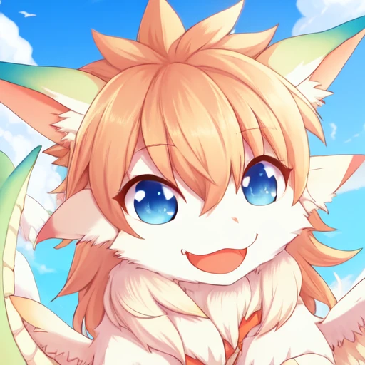 dragon, solo, flam_mana, wings, blue eyes, blonde hair, fang, sky in background, tail, fur, claws, looking at the viewer, focus on face, close up <lora:Flammie_White_Dragon_from_Mana_video_games_series:1>