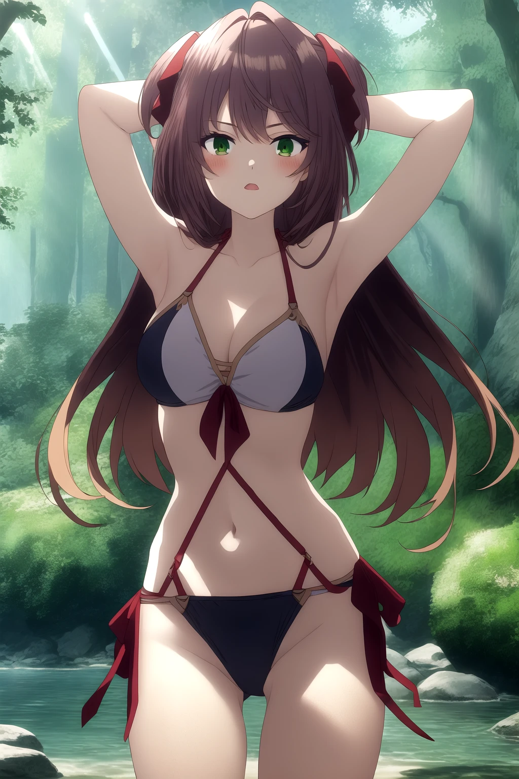 A sexy young woman, 21 years old, long dark brown hair, slim athletic body, medium breasts, lingerie, sexy, undressing, nsfw, boudoir, in the forest scenery background