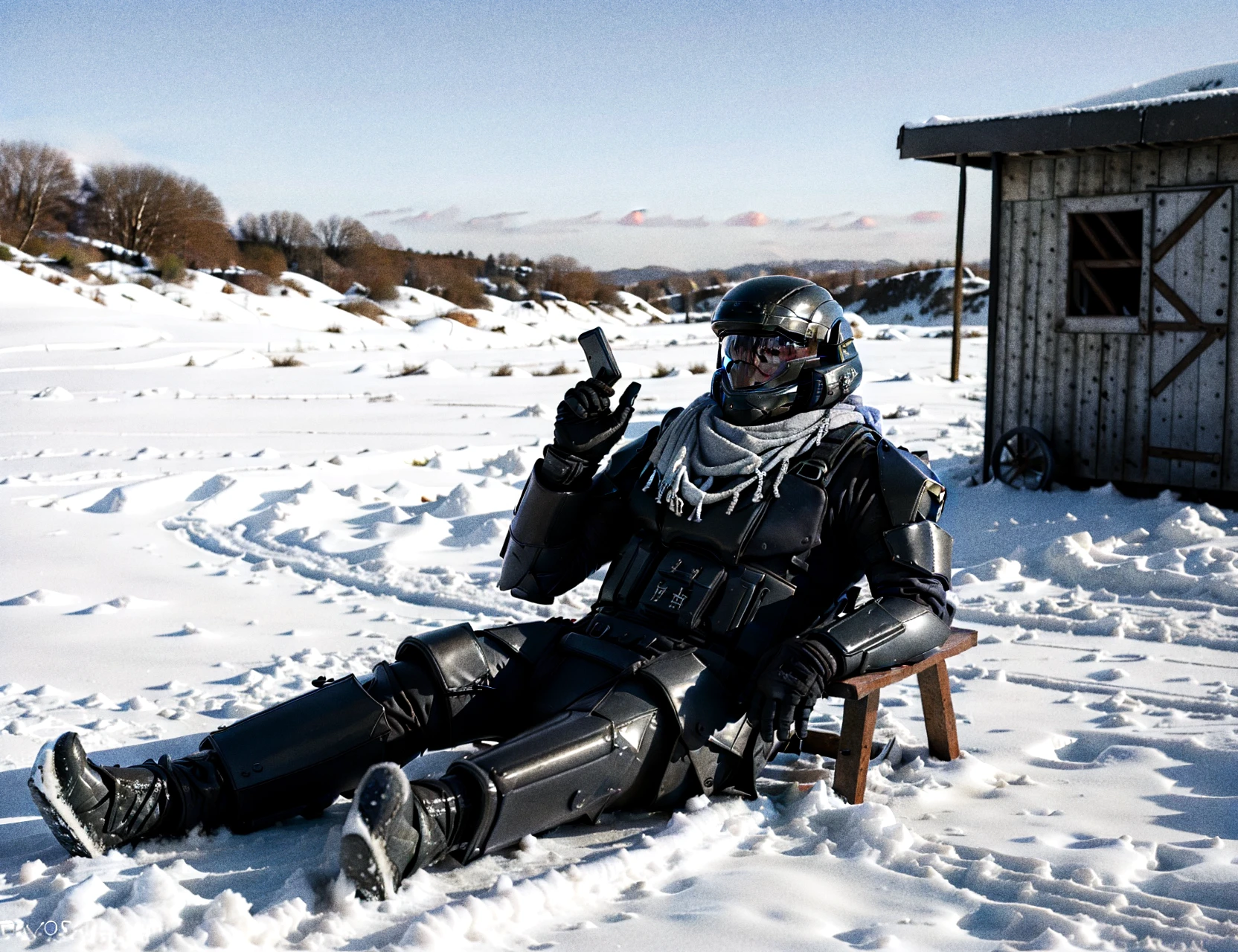 photo++ of an ODST chillaxing in his squad's outpost, snowy, shemagh scarf