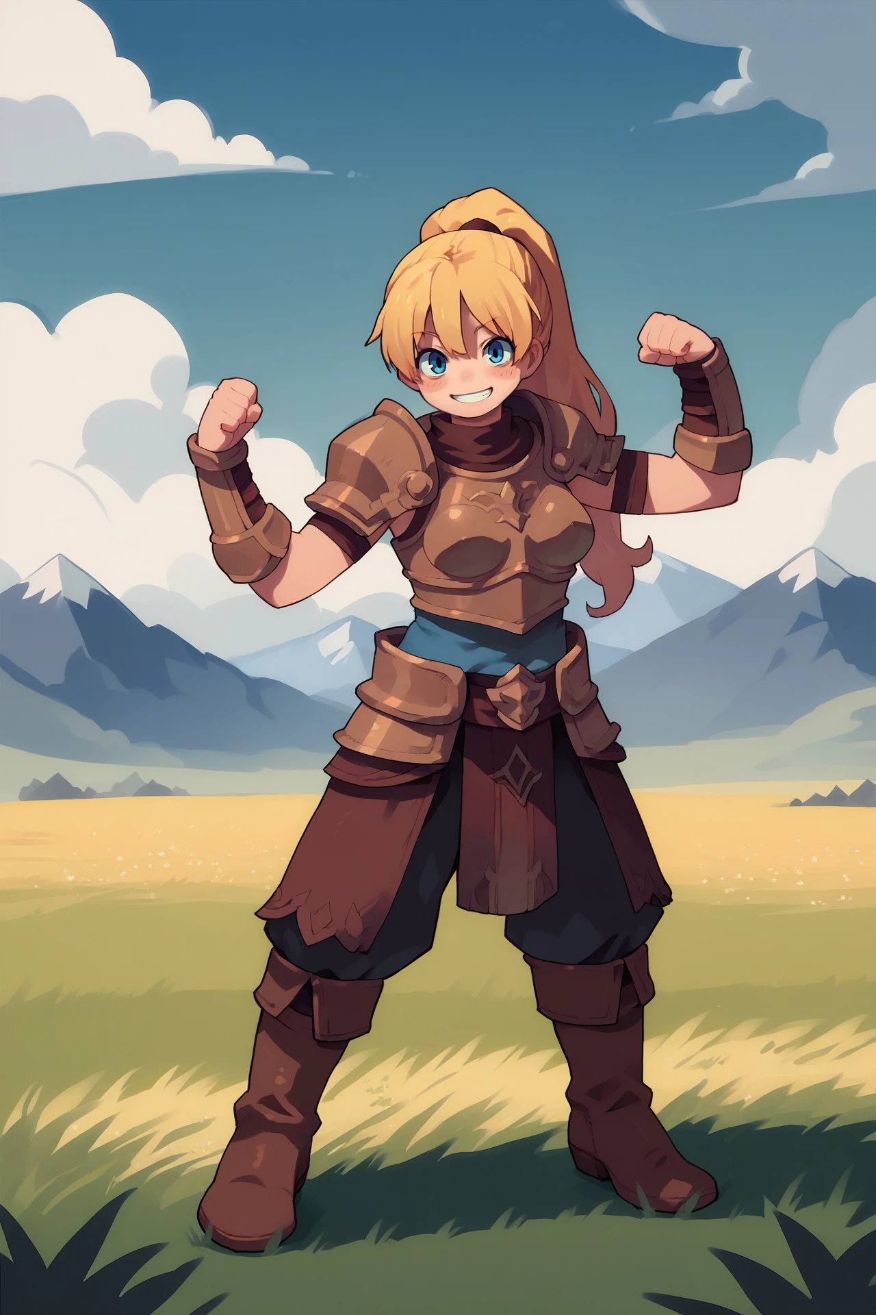 score_9, score_8_up, score_7_up, score_6_up, score_5_up, score_4_up, source_anime, solo, front view, field, sky, cloud, mountainous background, full body shot, looking at viewer, blue eyes, blonde hair, grin, solo, female, human, long hair, ponytail, medium breasts, armor, pauldrons, bracers, flexing, brown boots, standing, mature female