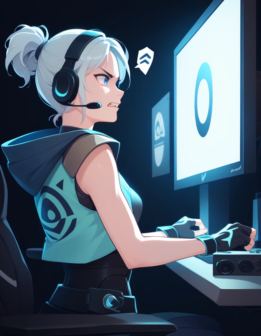 score_9,  score_8_up, score_7_up, source_anime
<lora:jett-ponyxl-000020:1> j37t, bodysuit, cropped jacket, hooded jacket, fingerless gloves,
1girl, solo, headset, gaming chair, looking at screen, streamer, dark, glowing, angry, shouting, spoken anger vein, from side, mood lighting, dark cinematography, low lights