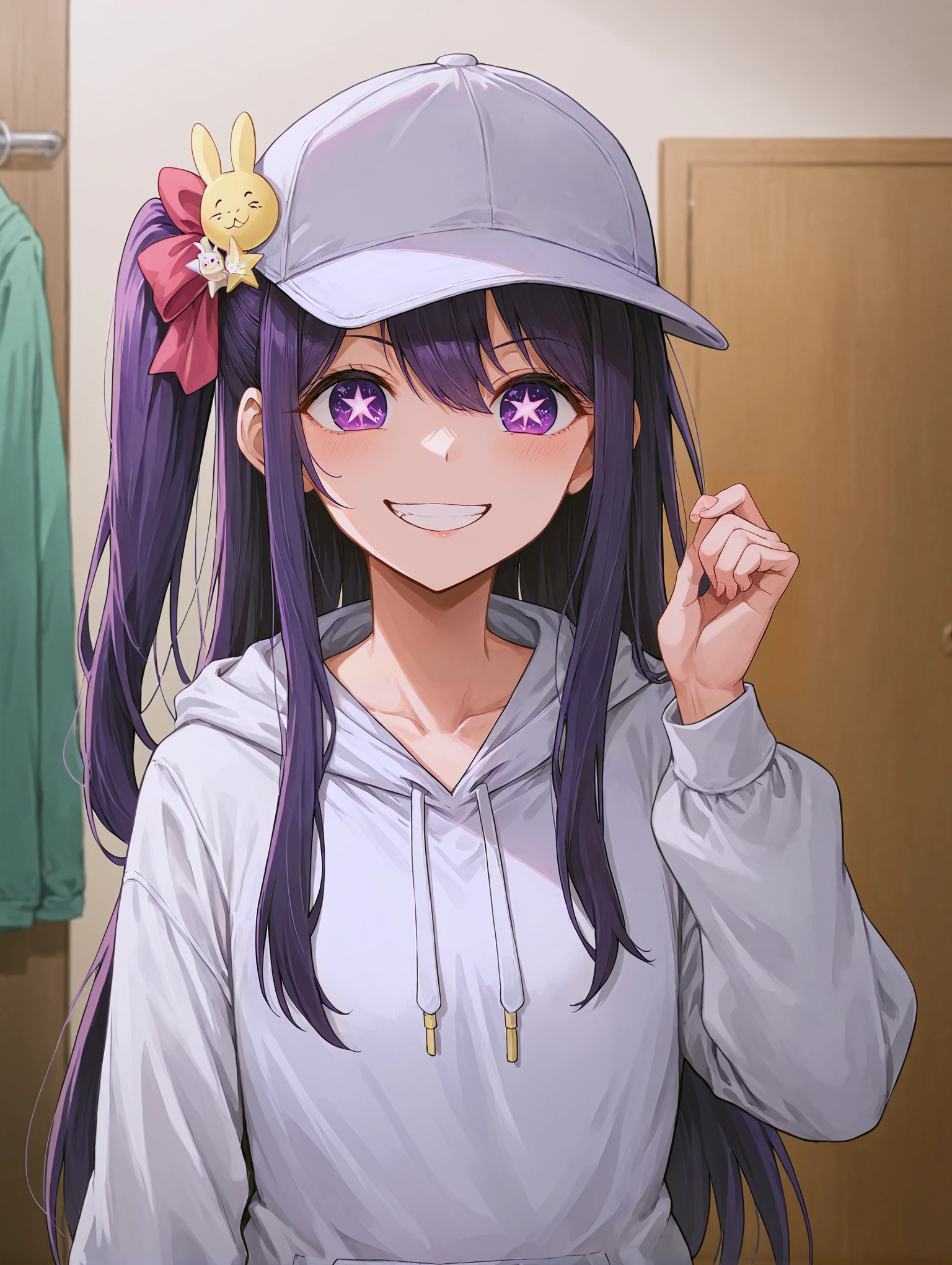 deaver, by deaver, <lora:AiHoshino_XL:0.8> ai hoshino, hair between eyes, hair ornament, hair ribbon, long hair, one side up, purple eyes, purple hair, rabbit hair ornament, (star-shaped pupils:1.5), symbol-shaped pupils,baseball cap, hat, hood, hoodie, long sleeves, puffy sleeves, white hoodie, grin, teeth, upper body,, <lora:9_Detail_Tweaker_XL:0.8>, score_9, score_8_up, score_7_up, source_anime, masterpiece, best quality, highly detailed background, cinematic lighting, detailed eyes, perfect face,, lazy, teenager room, messy, bedroom, bed sheet, closet,