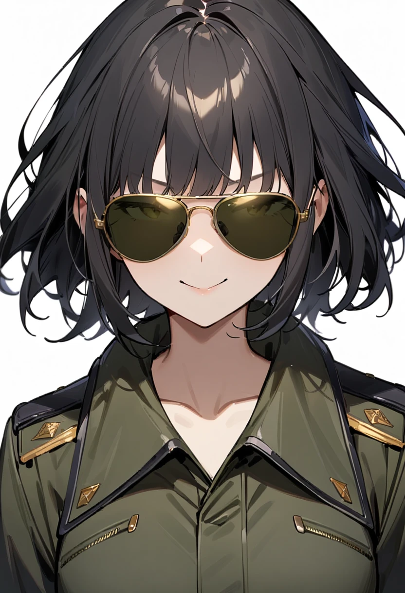 masterpiece, best quality, very aesthetic, absurdres, 
1girl, solo, black hair, medium hair, smile, upper body, military jacket, covered eyes, 
sg-AVIATOR, sunglasses, yellow-framed eyewear,  darkgreen-tinted eyewear
, white background, simple background,
 <lora:sunglasses_aviator_SDXL_V1:1>