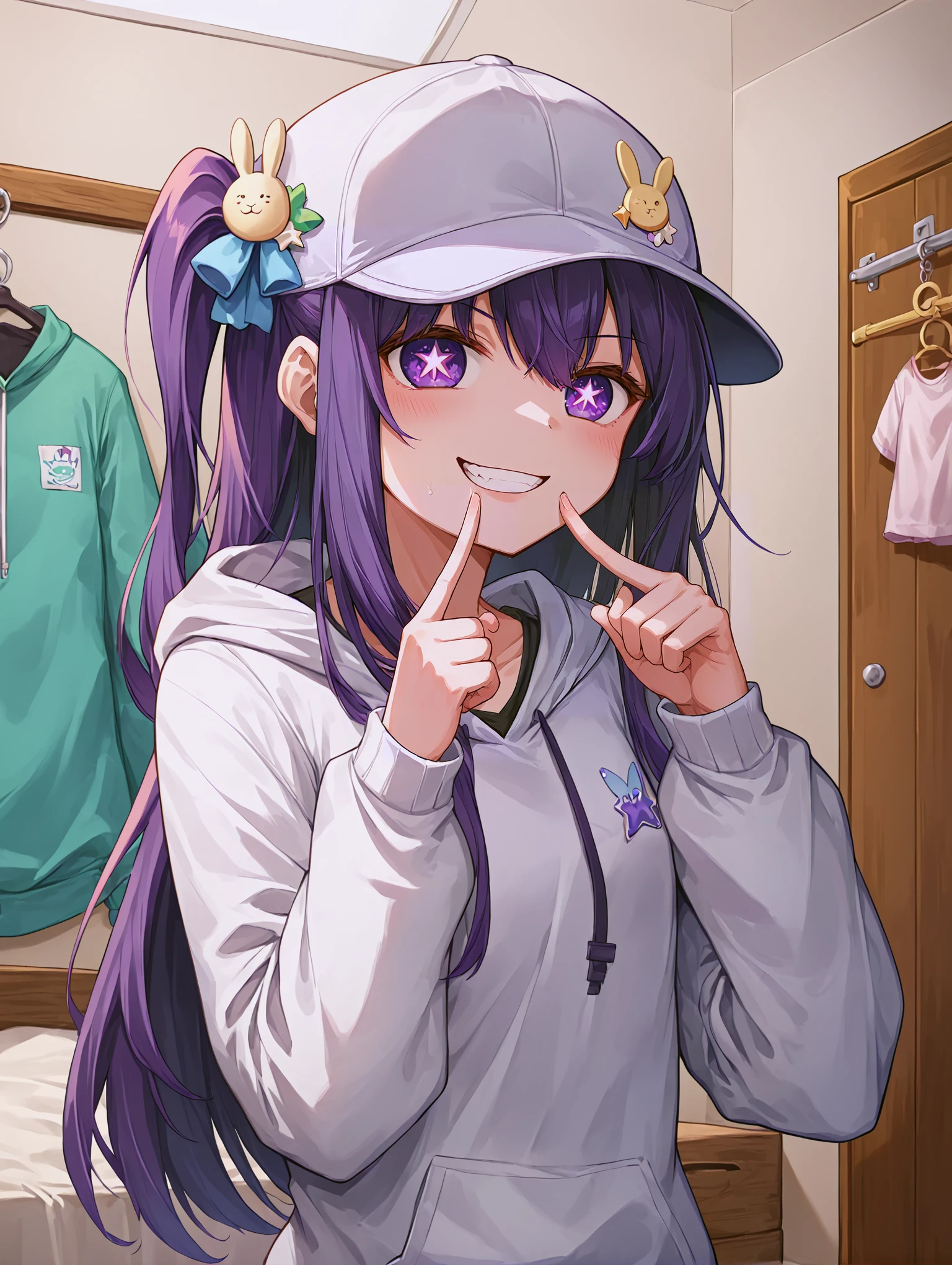 <lora:3_Style_Art_Deaver_XL:0.8> deaver, by deaver, <lora:AiHoshino_XL:0.8> ai hoshino, hair between eyes, hair ornament, hair ribbon, long hair, one side up, purple eyes, purple hair, rabbit hair ornament, (star-shaped pupils:1.5), symbol-shaped pupils,(baseball cap:1.1), hat, hood, hoodie, long sleeves, puffy sleeves, white hoodie, grin, teeth, upper body, finger to mouth,, <lora:9_Detail_Tweaker_XL:0.8>, score_9, score_8_up, score_7_up, source_anime, masterpiece, best quality, highly detailed background, cinematic lighting, detailed eyes, perfect face,, lazy, teenager room, messy, bedroom, bed sheet, closet,