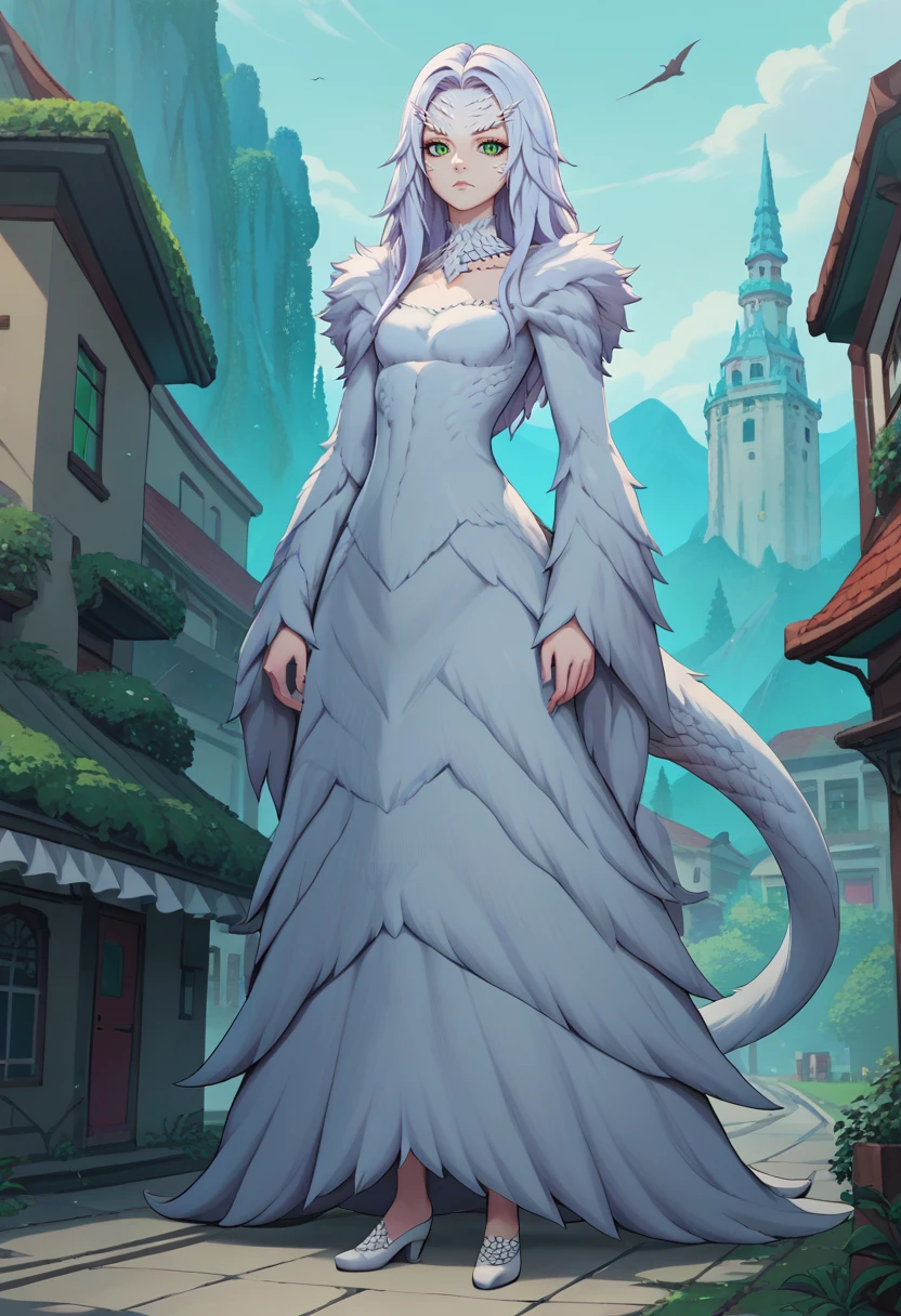 score_9, score_8_up, score_7_up, source_anime, full body, solo, 1girl, crossbreedpriscilla, dragon girl, white fur, giantess, expressionless, looking at viewer, standing, green eyes, slit pupils, fur trim, white dress, long sleeves, tail, outdoors <lora:darksouls_crossbreedpriscilla_ponyXL:1>