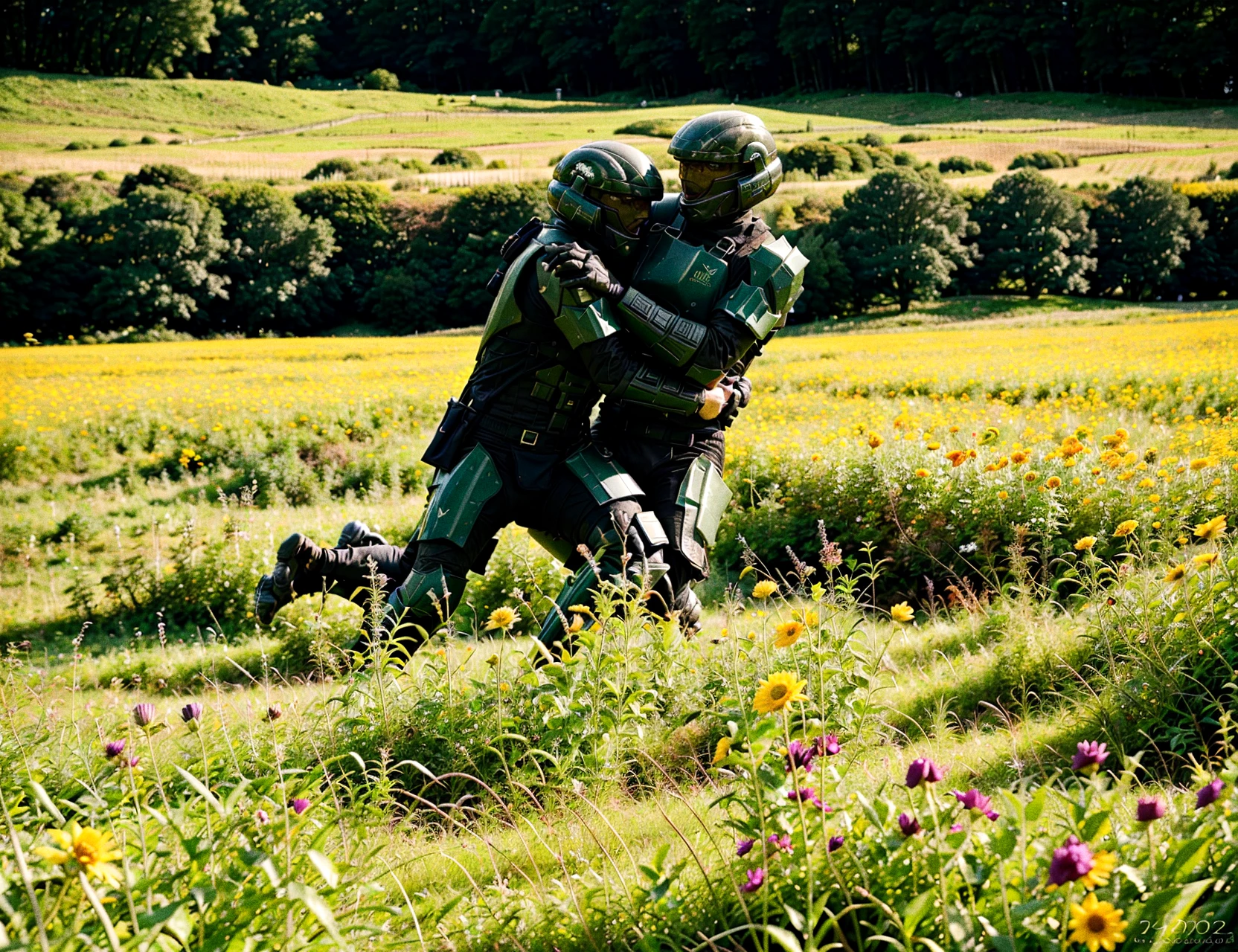 photo++ of a pair of ODSTs frolicking+ in a meadow, holding hands, flowers, sunlight