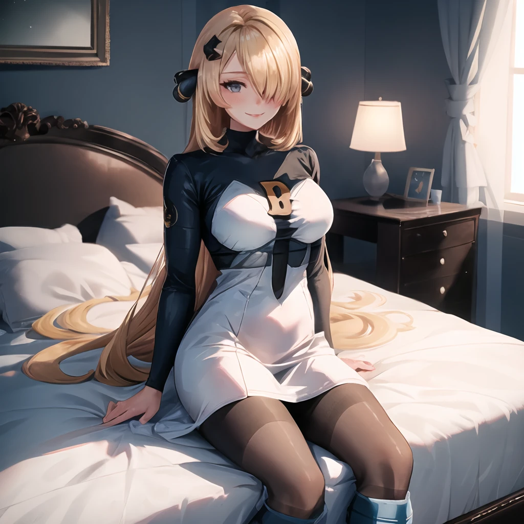 masterpiece, best quality, highly detailed, 1girl, solo, cynthia_pokemon,<lora:cynthia_pokemon-08:0.9>
one eye covered, hair over one eye, (blonde hair:1.3), (long hair:1.3), blue eyes, pink lips, hair ornament, large breasts, seductive smile, long hair, grey eyes, blush,
sitting, bed, bedroom,
<lora:team_galactic_mars_outfit-08:1> (team_galactic_mars_outfit:1.5), dress, short dress, long sleeves, pantyhose, white footwear, boots, black dress, white dress