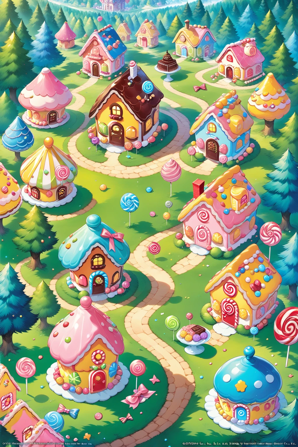 ((Masterpiece)), ((Best quality)), ((Official art,)), ((from top :1.4)), (House, Candy House :1.3), Chocolate, lollipops, candy, cookies, cakes, desserts, fairytale world, (Forest, woods, trees, grass :1.2), outdoor, daytime, (Color/candy color theme :1.2), Spring, (Official art,) Tender green grass, tender green leaves  <lora:lora:0.8>