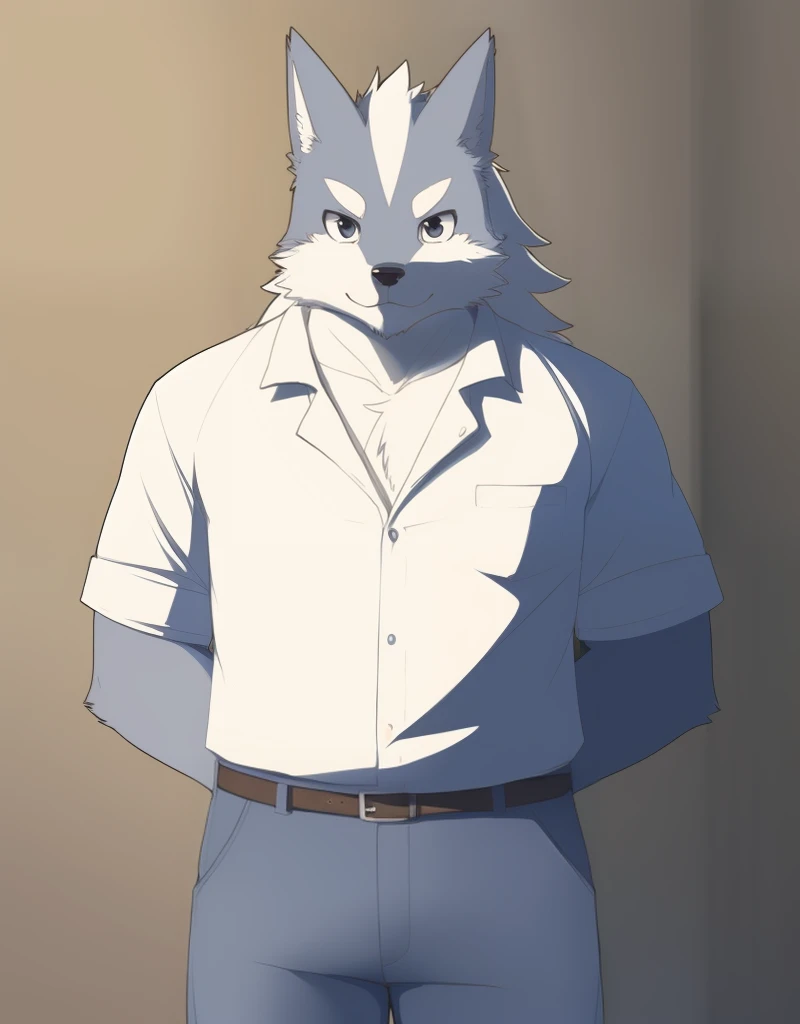 (((detailed eyes, detailed face))), (furry, sousuke <lora:character_sousuke_findigo_v1:0.8>, two-tone fur, grey fur, long hair, dog boy, snout, black eyes), male, (solo), (plump), (white shirt, grey pants), standing, (arms behind back), smile, (front view) BREAK (konzaburou, ukan_muri, cute), bedroom, (flat shading, flat color, high brightness), 8k, UHD, masterpiece, (full body:1.8)