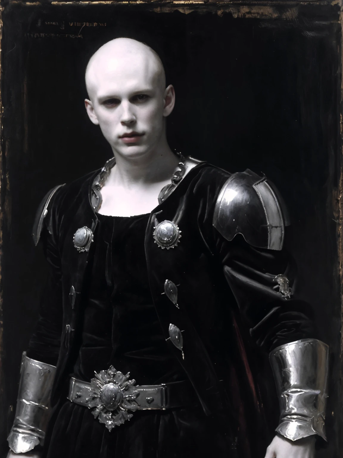 <lora:feydrautha_v1-15:0.8>, feydrautha, (oil painting:1.21), (2D, royal court portrait of a baron:1.10), greyscale, monochrome, realistic face, 1man, bald, pale skin, looking at viewer, artistic, closed mouth, simple background, upper body, evil expression, black ceremonial garment, <lora:classic_oil_painting:1.2>