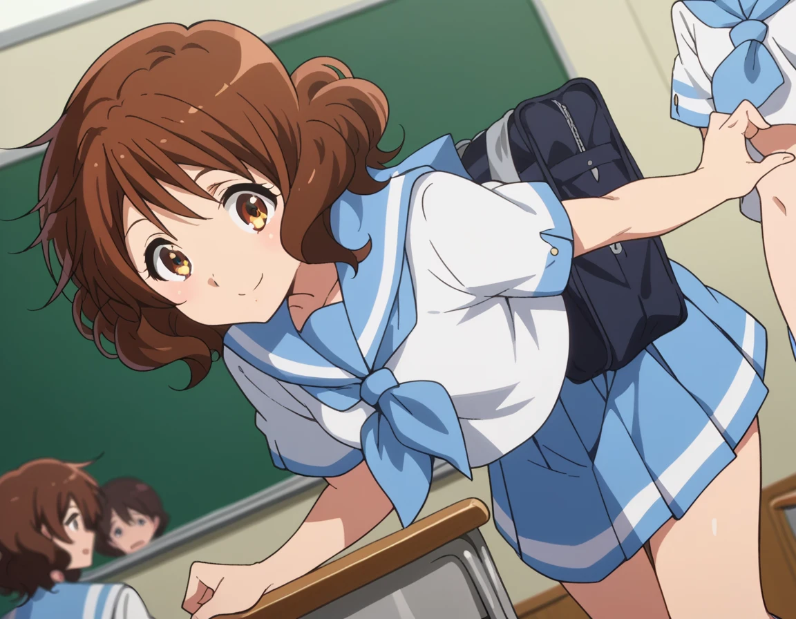 score_9, score_8_up, score_7_up, source_anime,
kumikooumae, <lora:kumiko-oumae-s2-ponyxl-lora-nochekaiser:1>,
kumiko oumae, brown eyes, brown hair, short hair, wavy hair,
skirt, shirt, school uniform, white shirt, short sleeves, pleated skirt, serafuku, sailor collar, blue skirt, neckerchief, blue sailor collar, school bag, blue neckerchief, kitauji high school uniform,
indoors, classroom, smile, bent over,
looking at viewer, cowboy shot, dutch angle,