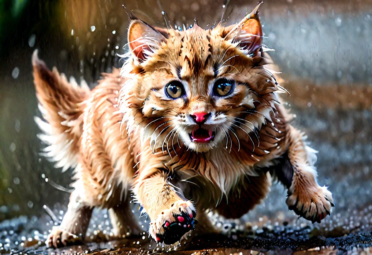 tiny kitten realistic, wet nose, bristling fur, pose in stalking to catch a small mouse