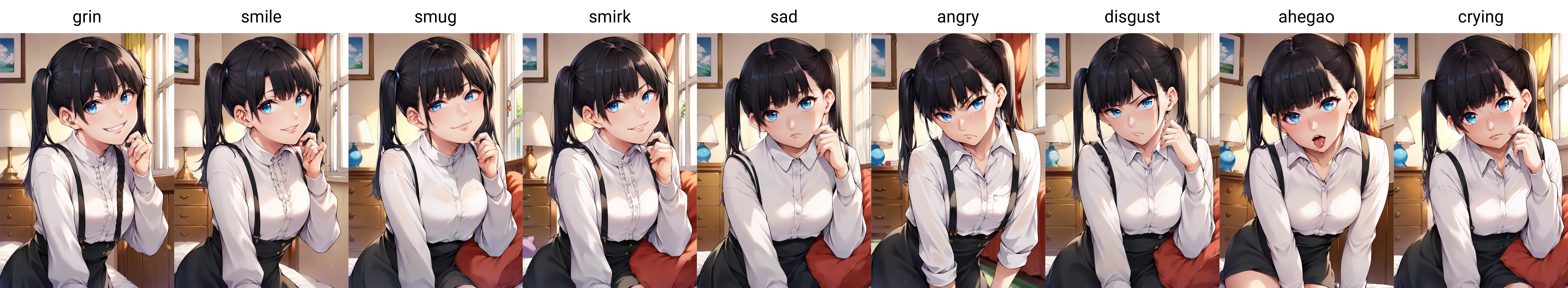 score_9, score_8_up, score_7_up, source_anime, 1girl,blue eyes,twintails, black hair, white blouse, black skirt, grin,looking at viewer, from front, bedroom, <lora:An-Yasuri-Style-PonyXL-Dora-v1.3:1>