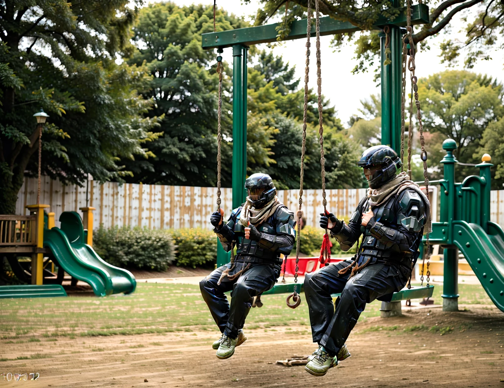 photo++ of a pair of ODSTs swinging on the swings, shemagh scarf, armor trim, cozy local park, spring, playground