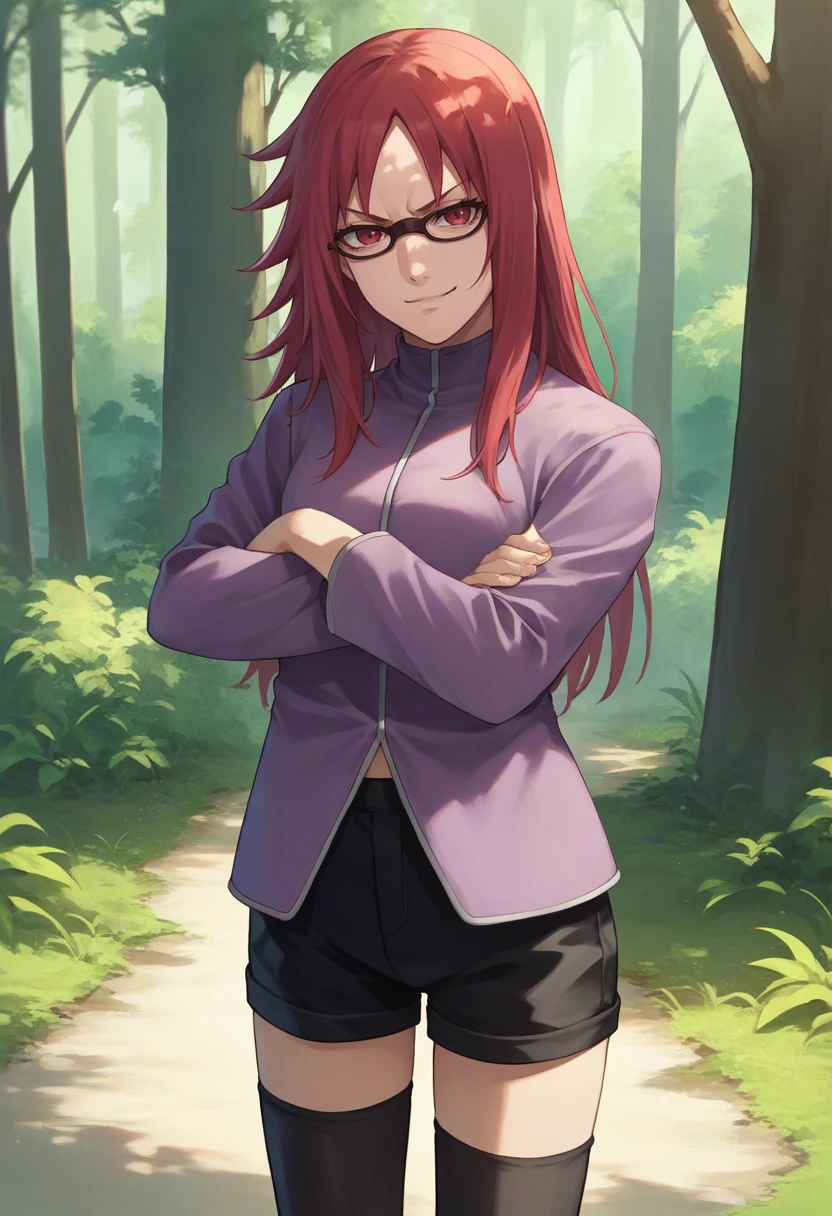 score_9, score_8_up, score_7_up, source_anime, solo, 1girl, karinuzumaki, smirk, looking at viewer, crossed arms, glasses, purple jacket, long sleeves, black shorts, black thighhighs, outdoors, forest <lora:naruto_karinuzumaki_ponyXL:1>