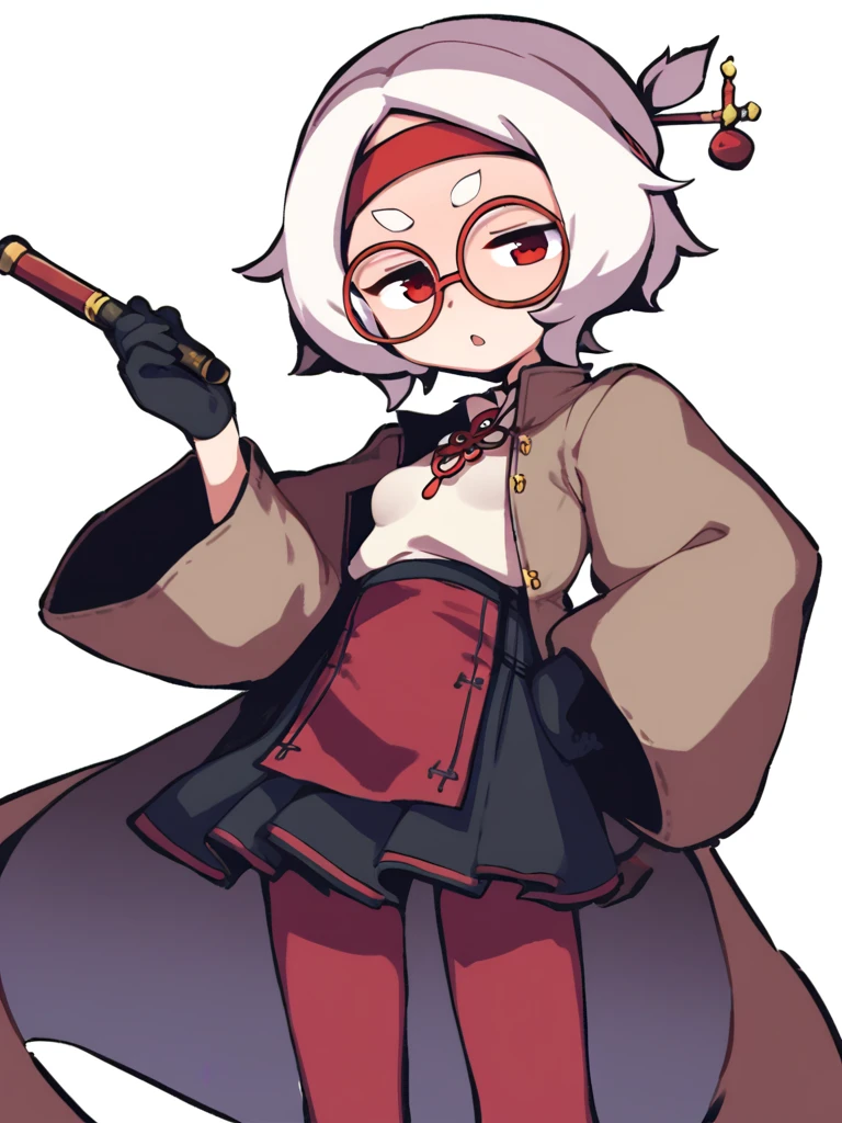 <lora:Orenji-PonyXL-1024px:1>
score_5_up, score_6_up, score_7_up,best quality, masterpiece,
1girl, solo, glasses, gloves, sheikah, white hair, hair ornament, pipe, white background, hand on hip, black gloves, simple background, hair stick, short hair, red eyes, looking at viewer, holding, holding pipe, red-framed eyewear, red legwear, round eyewear, open mouth, pantyhose, long sleeves, brown eyes, headband, breasts, coat, small breasts, puffy sleeves, kiseru, standing, parted lips, cowboy shot, short eyebrows, purple legwear, hand up, skirt