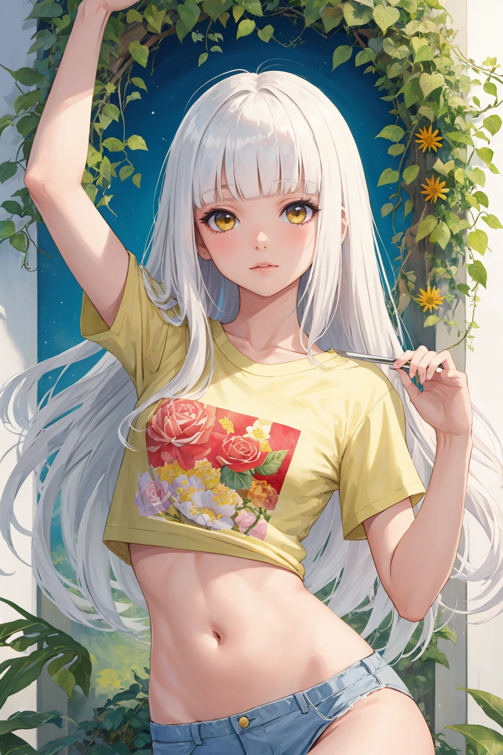 1girl, hazel yellow eyes, white hair, long hair, blunt bangs, hime cut, small breast, t-shirt, watercolor style, flower, leaf, vines, floral work, upper body, pose, contrapposto