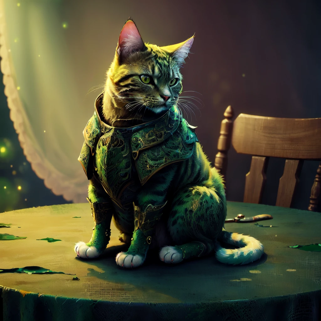 masterpiece, best quality, absuredres, <lora:WorldofLace1.0:1>, armoured, cat, sitting on table, green,