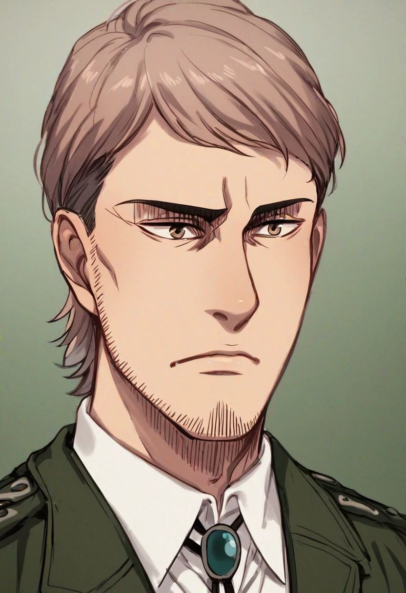 score_9, score_8_up, score_7_up, solo male, Jean Kirstein, brown hair, light-brown eyes, thin eyebrows, facial hair, stubble, paradis military uniform, white collared shirt, bolo tie, green army coat, white pants, black combat boots, handsome, charming, alluring, (portrait, close-up:1.2), upper body, perfect anatomy, perfect proportions, best quality, masterpiece, high_resolution, cowboy shot, forest background, background, (perfect face, perfect eyes:1.3)