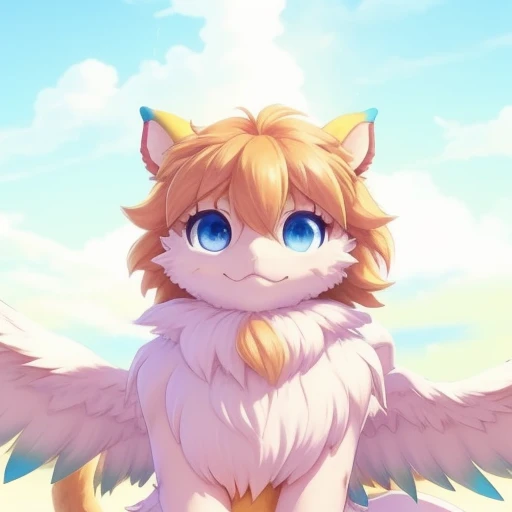 1animal, solo, flam_mana, wings, blue eyes, blonde hair, fang, sky in background, tail, fur, looking at the viewer, focus on face, close up <lora:Flammie_White_Dragon_from_Mana_video_games_series:1>