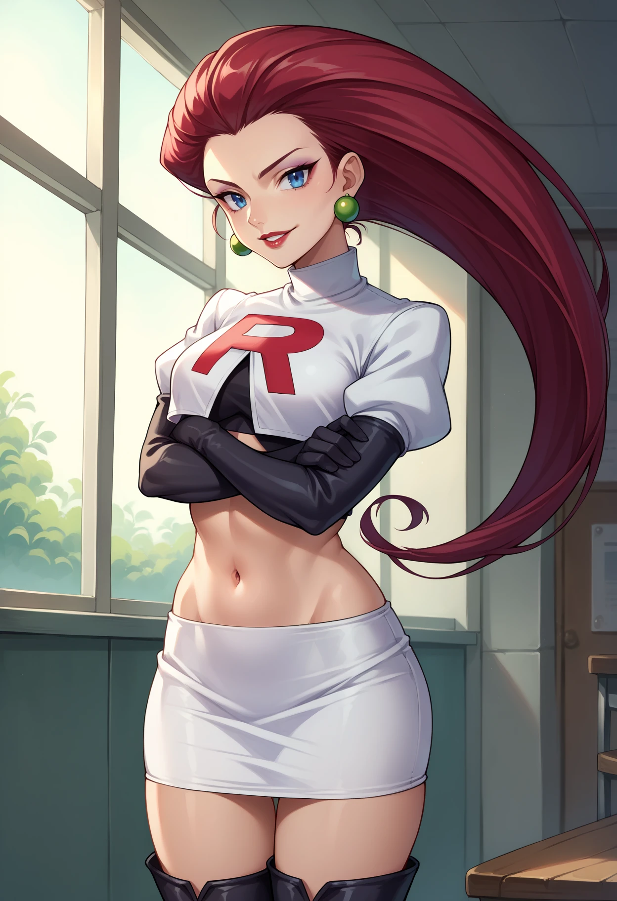 score_9, score_8_up,score_7_up, source_anime, 1girl, solo, looking at looking at viewer, <lora:EPpkJessiePony-05:0.8>, EPpkJessie, long hair, blue eyes, red hair, hair slicked back, standing, parted lips, smile, white jacket, cropped jacket, earrings, elbow gloves, gloves, black gloves, white jacket, jewelry, lipstick, looking to the side, makeup, navel, shirt, white skirt, skirt, team rocket, team rocket uniform, thigh boots, black footwear, full body, crossed arms,
