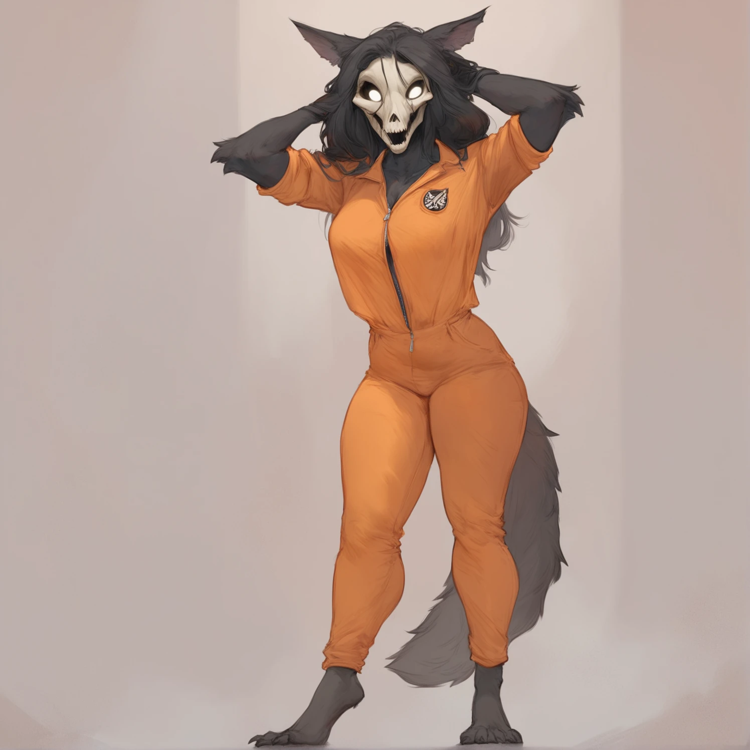 Solo, male, standing, ((black fox, snout, by bebebebebe)), by spuydjeks, medium hair, black hair, black fur, canine, slim, small waist, wide hips, street, indigo eyes, hands behind back, one tail, red military spacesuit
