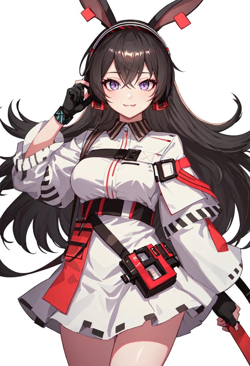 best quality, masterpiece, highres, solo, (april_arknights:1.10), 1girl, looking at viewer, white dress, long sleeves, simple background, smile, :p, black gloves, single glove, cowboy shot, infection monitor (arknights), white background, fingerless gloves, implied extra ears, very long hair, asymmetrical sleeves, 0 <lora:april_arknights:0.80>