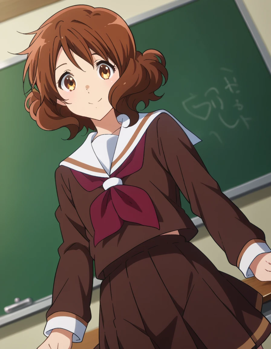 score_9, score_8_up, score_7_up, source_anime,
kumikooumae, <lora:kumiko-oumae-s2-ponyxl-lora-nochekaiser:1>,
kumiko oumae, brown eyes, brown hair, short hair, wavy hair,
skirt, shirt, long sleeves, school uniform, pleated skirt, serafuku, neckerchief, brown skirt, white sailor collar, brown shirt, kitauji high school uniform, red neckerchief,
indoors, classroom, smile,
looking at viewer, cowboy shot, dutch angle,