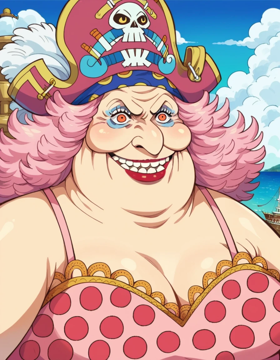 score_9, score_8_up, score_7_up, source_anime,
linlincharlotte, <lora:linlin-charlotte-ponyxl-lora-nochekaiser:1>,
linlin charlotte, pink hair, orange eyes, fat, giant, lipstick, makeup,
hat, dress, jewelry, ring, polka dot, pink dress, pirate hat, skull and crossbones,
outdoors, ship, ocean, pirate ship,
(portrait:1.5),