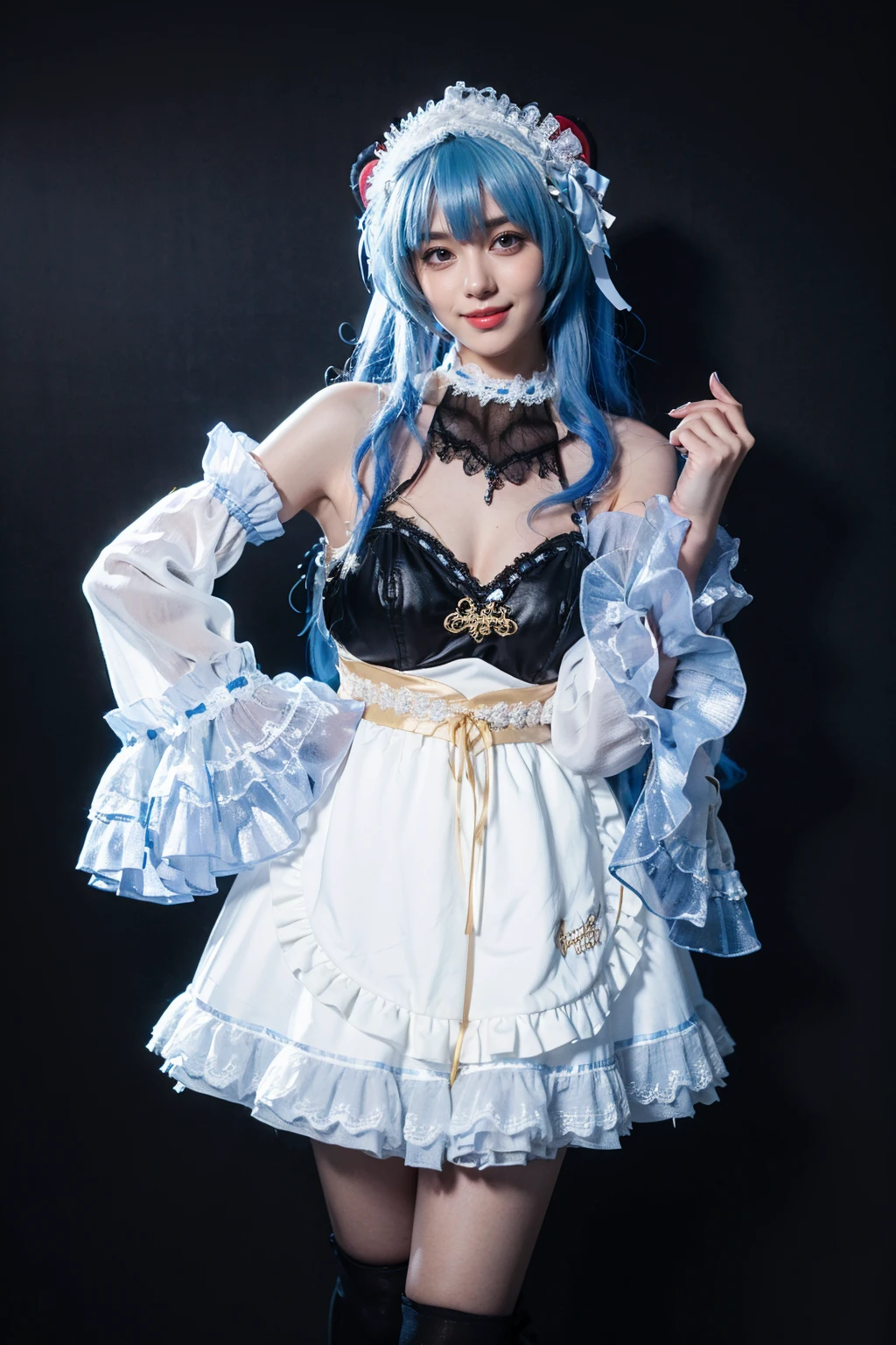 best quality, masterpiece, realistic, photorealistic, 1girl, solo, looking at viewer, smile, standing, full body, ganyu cosplay costume, ganyu, cosplay, genshin impact, long hair, blue hair, alternate costume, dress, apron, white apron, detached sleeves, detached collar, bare shoulders, frills, frilled sleeves, maid headdress, hairband, horns, kneehighs, frilled kneehighs, high heels, dark background, <lora:Genshin_Ganyu_maid_cosplay_v1:0.7>