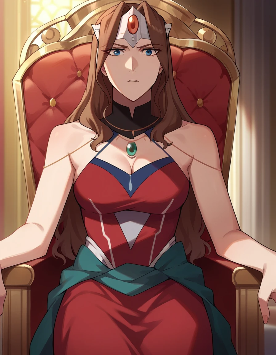 score_9, score_8_up, score_7_up, source_anime,
dotamirana, <lora:dota-mirana-ponyxl-lora-nochekaiser:1>,
mirana, circlet, brown hair, grey eyes,
long hair, dress, cleavage, red dress,
indoors, throne room,
looking at viewer,