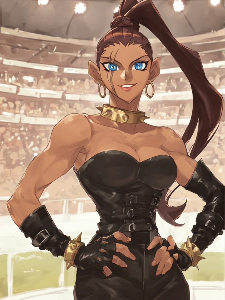 <lora:TaniaPony1.0:0.65> taniayugi, scar, 1girl, corset, solo, high ponytail, hoop earrings, long hair, spikes, spiked collar, blue eyes, earrings, brown hair, breasts, gloves,looking at viewer,  cleavage, bare shoulders, fingerless gloves, smile, spiked bracelet,hand on own hip, score_9, score_8_up, score_7_up, score_6_up,colosseum,