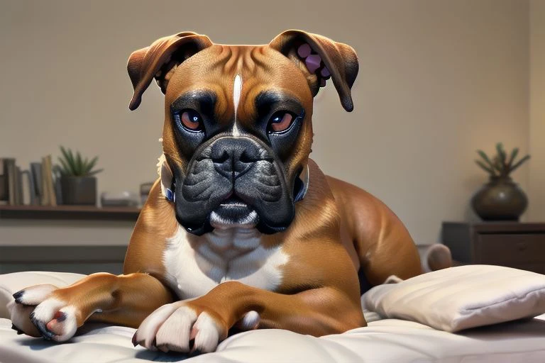 ASCII Dog, boxer dog, chilling in bed, realistic, hdr, real dog, cute, furry dog, looking at viewers,