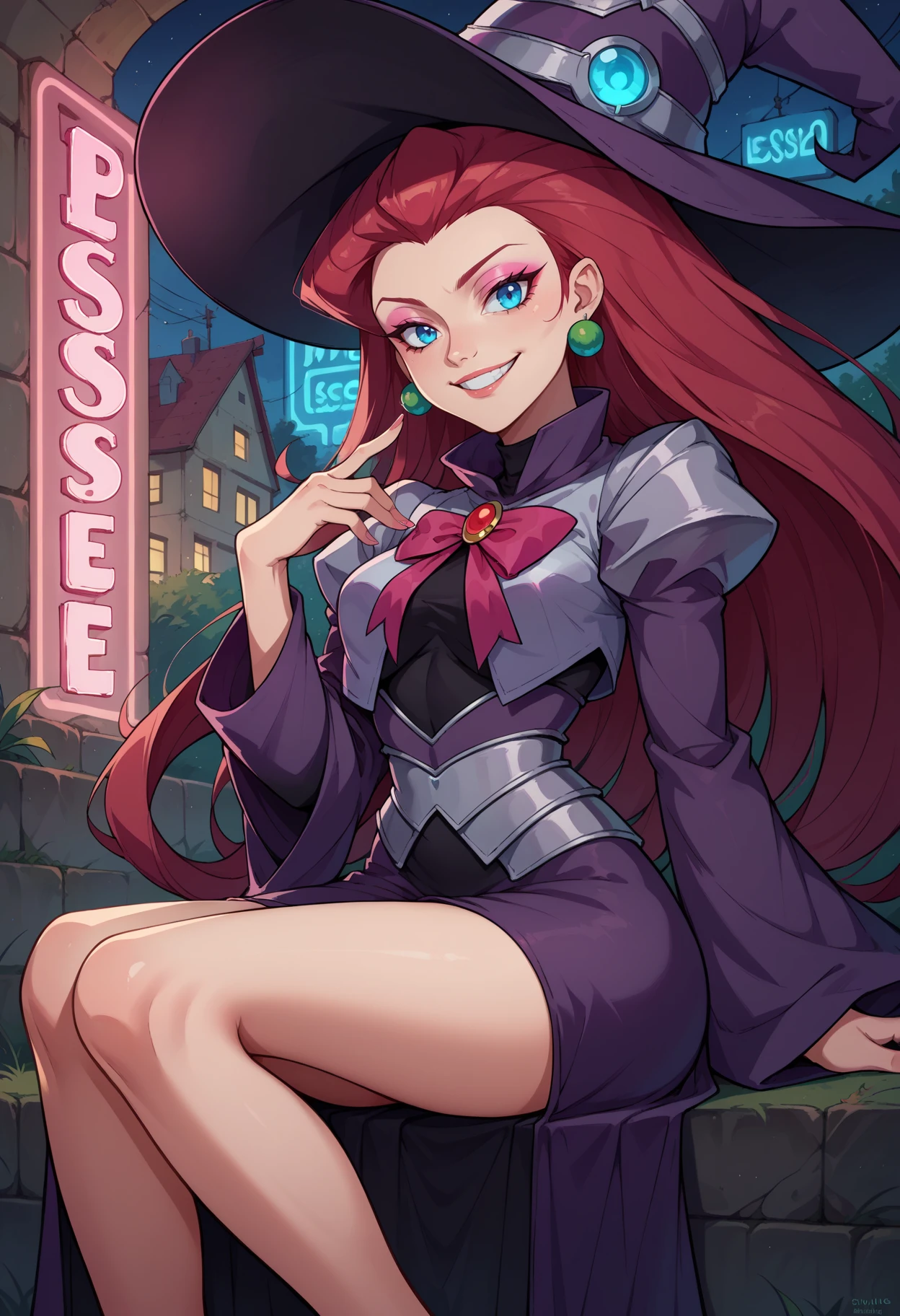 score_9,score_8_up,score_7_up,score_6_up, source_anime, 1girl, solo, <lora:EPpkJessiePony-05:1.0>, EPpkJessie, long hair, blue eyes, red hair, hair slicked back, glowing neon lights, sitting, armoured, witch hat, witch robe, eyeshadow, looking at viewer, smiling, pink glow, pink magical energy,