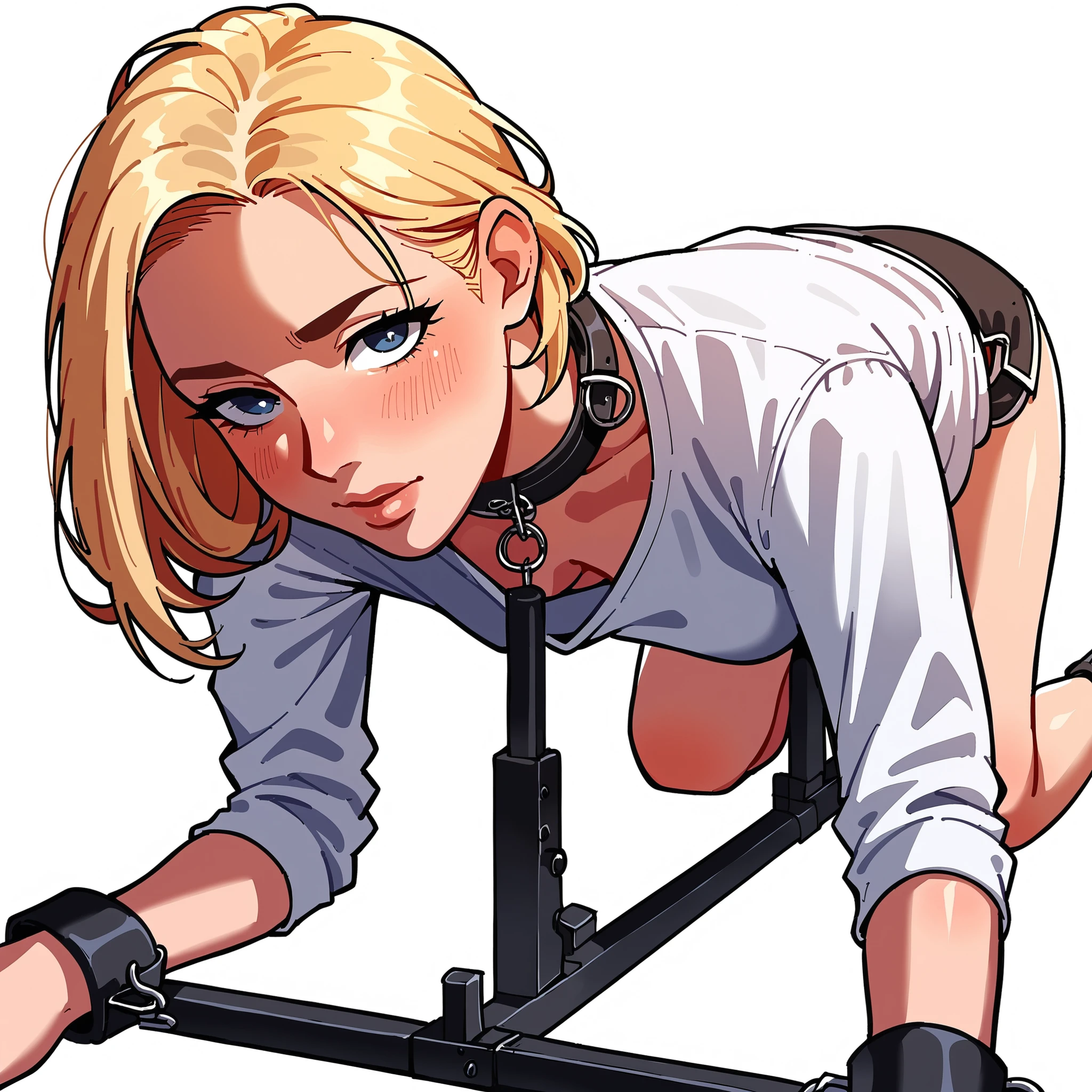 score_9, score_8_up, score_7_up, score_6_up, score_5_up, score_4_up, beautiful woman, white background, lineart, source_anime, smooth outline, blonde hair, white shirt, stationary restraints, all fours, wrist cuffs, collar, facing viewer, looking at viewer, close-up