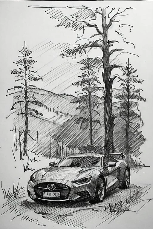 pencil quick sketch of car in the forest