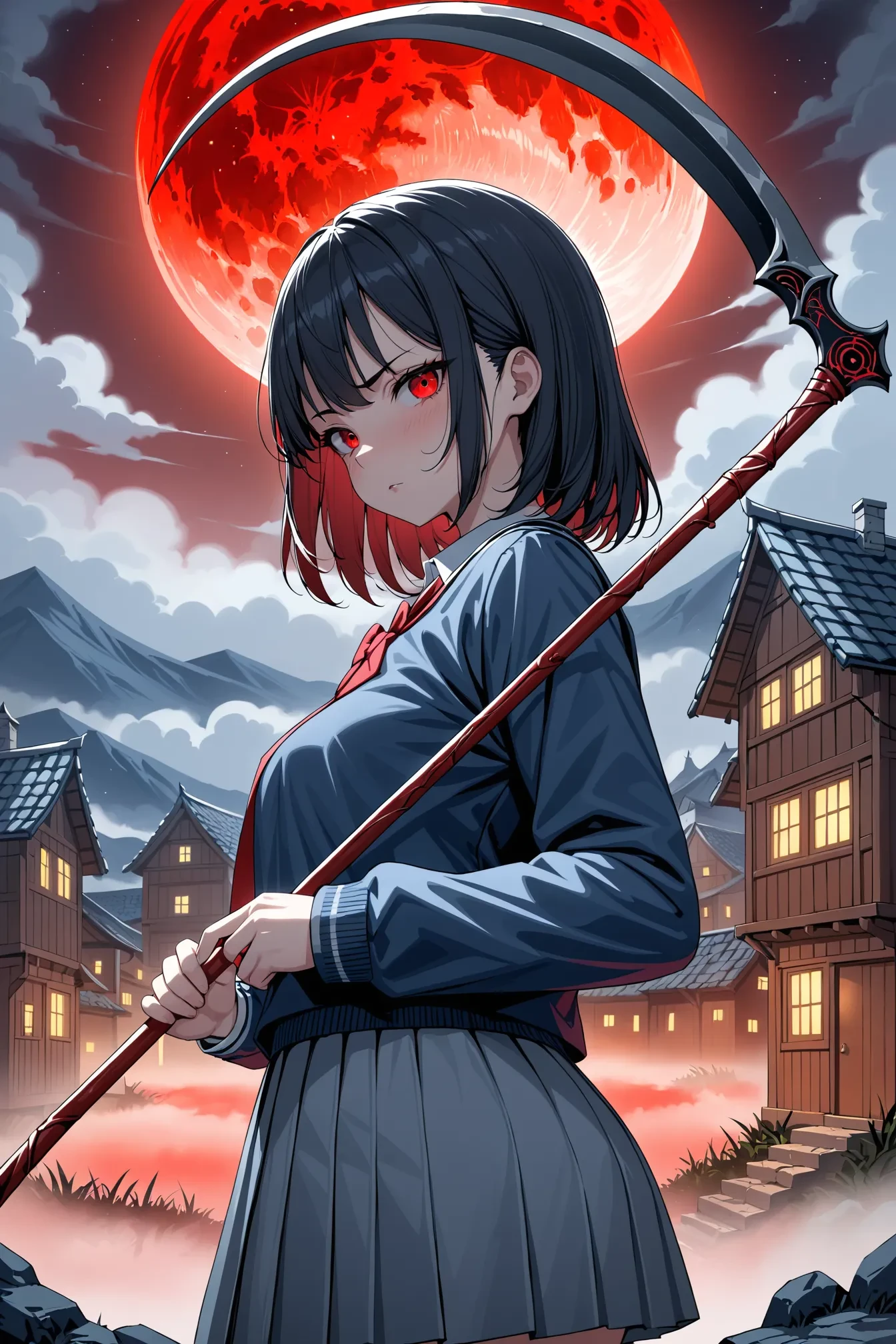 1girl, solo, school uniform, disdain, close-up, holding, holding scythe, blood moon, night, fog, village, masterpiece, best quality