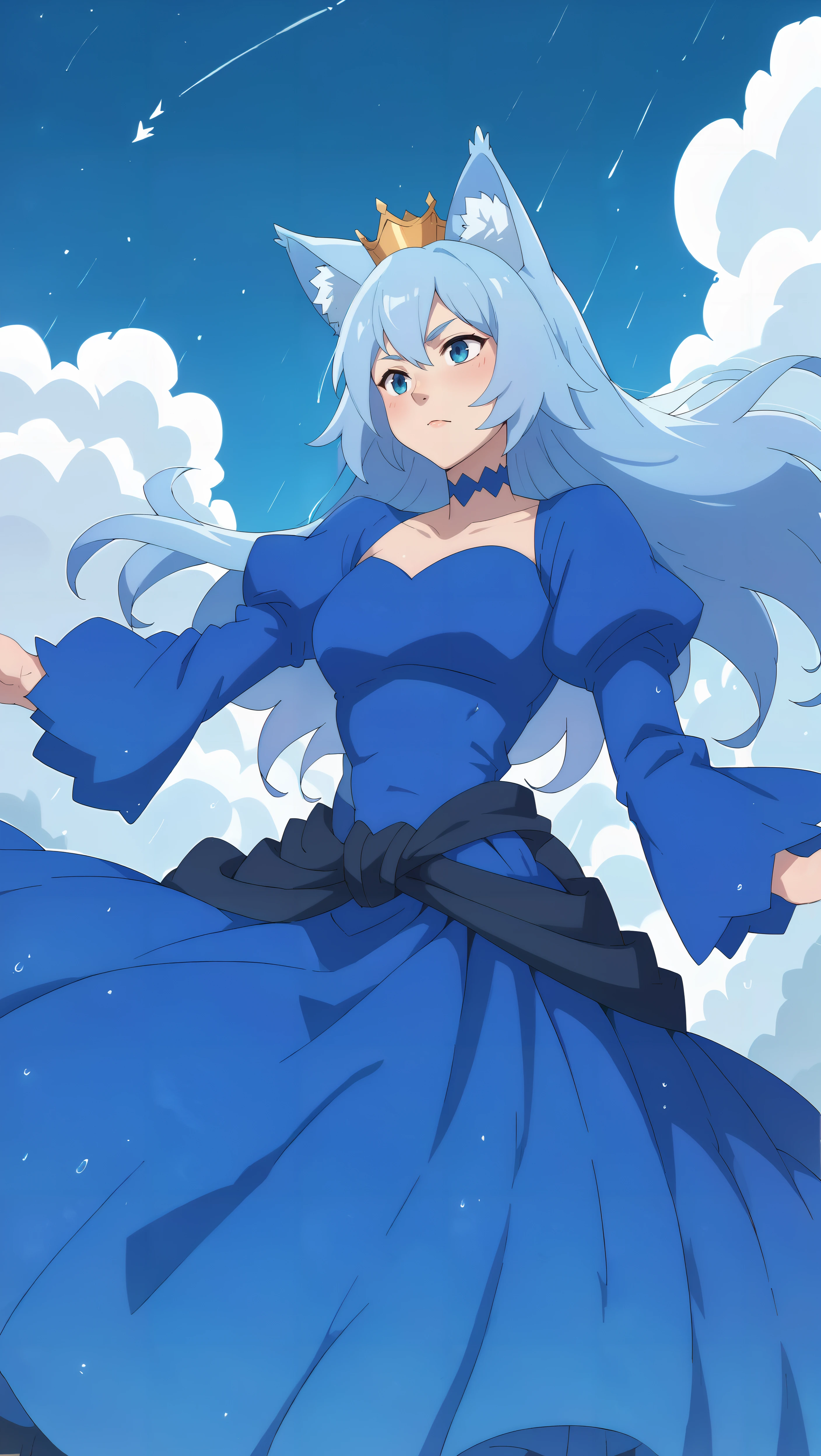 score_9,score_8_up,score_7_up,score_6_up, zPDXL, woman, long hair, light blue hair, light blue cat ears, blue eyes, crown, blue dress, blue choker, <lora:Fairy Queen_pony-000004:0.8> , floating in the sky, rim lighting, rain clouds, (storm clouds), dark sky, gloomy sky, dim lighting, <lora:Wakfu_CartoonV02:0.8>,