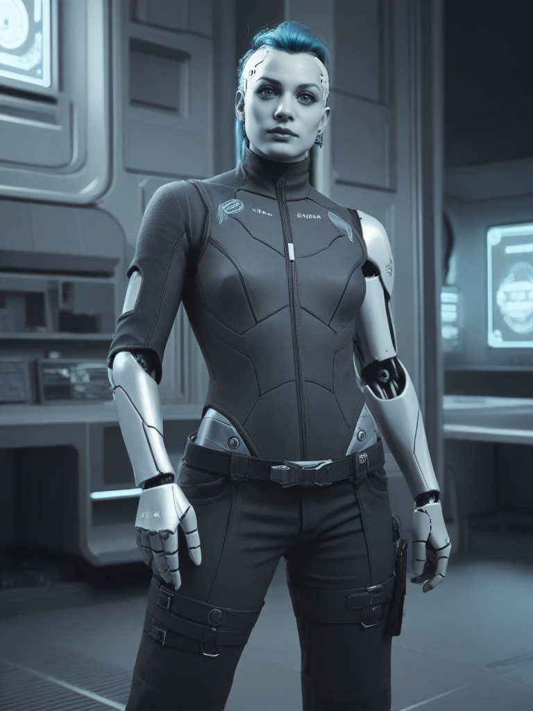 bpe-bluetone (cyborg robot:1.3) bpe-scifi
(visiting post station) stable, standing, indoors, horizon, abstract punk haircut on head, rugged, stoic, looking at viewer, grit,
pny-safe