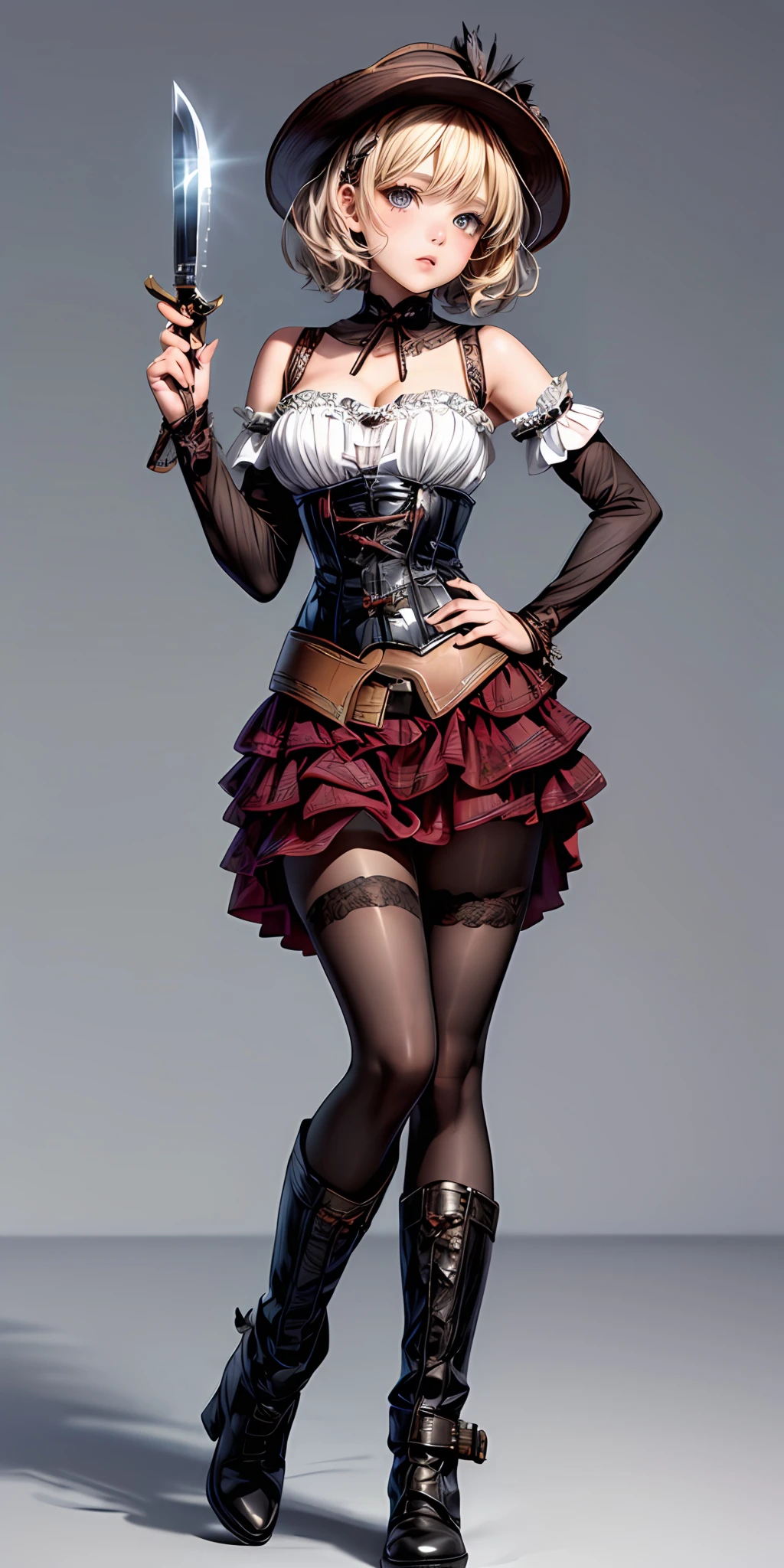 (masterpiece,ultra-detailed,best quality,8K,CG,illustration,shaved:1.0),(girl:1) <lora:more_details:1>,simple background,cowboy shot
 <lora:dress corset v1.0:0.5> jyojifuku, hat, boots, corset, belt,knife