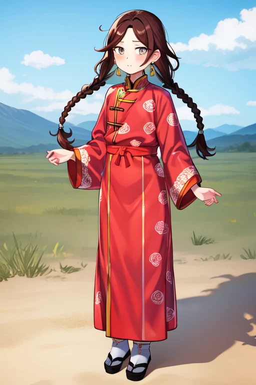 mongolian clothes, outdoors, brown hair, full body, twin braids, closed mouth, blush, earrings, sky, day, grey eyes