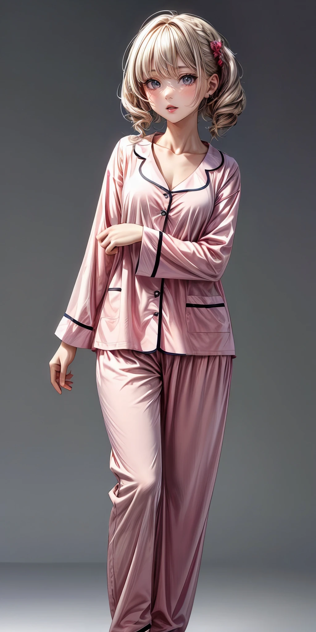 (masterpiece,ultra-detailed,best quality,8K,CG,illustration,shaved:1.0),(girl:1) <lora:more_details:1>,simple background ,
<lora:pajamas v1.0:0.5> jyojifuku, pajamas