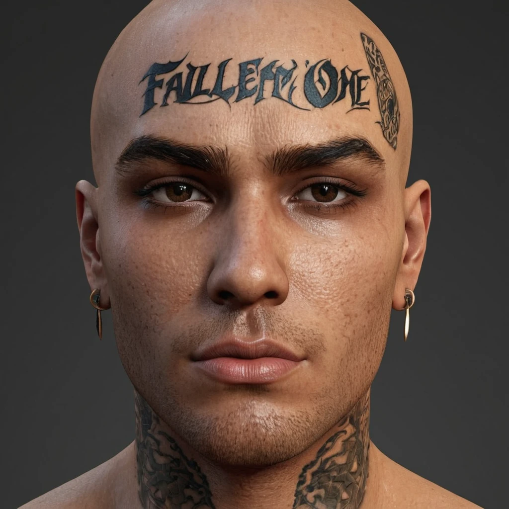 DAZ 3D render of a face with a tattoo on the forehead that says "Fallen One"