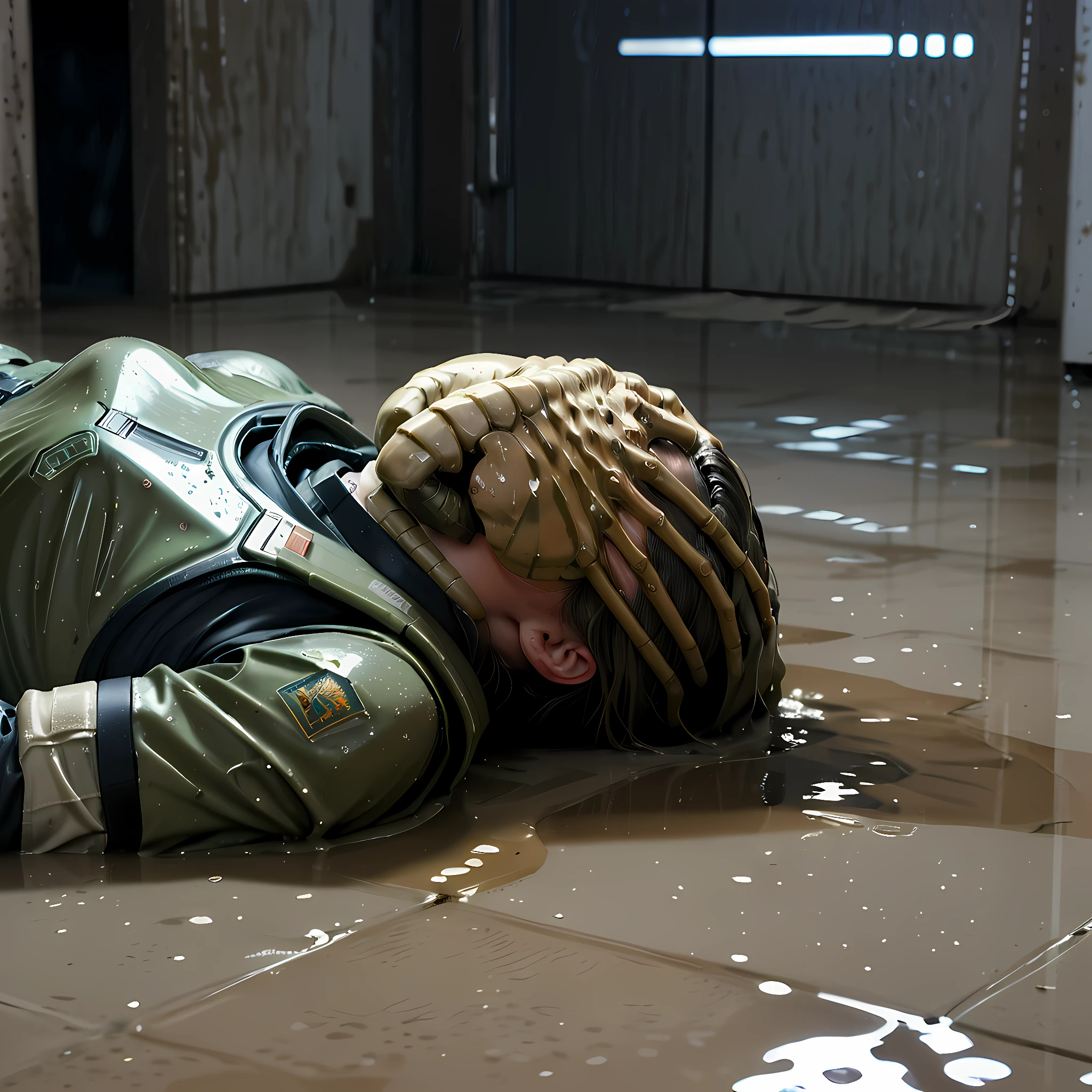 a woman in a military uniform and body armor lying face up on a bed with a fchgr covering her face, concrete floor, wet, science fiction, low lighting,