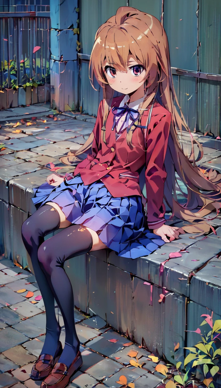 aisaka taiga, 1girl, solo,long_hair, brown hair,(school uniform:1.1), skirt,shirt, ribbon  flat chest, (black thighhighs:1.1)，(foot_focus:1.15),foot_worship,full_body