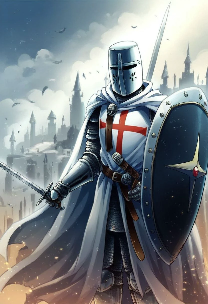 score_9, templar, knight, templar, knight, weapon, shield, sword, armor, 1boy, helmet, male focus, cape, knight, solo
