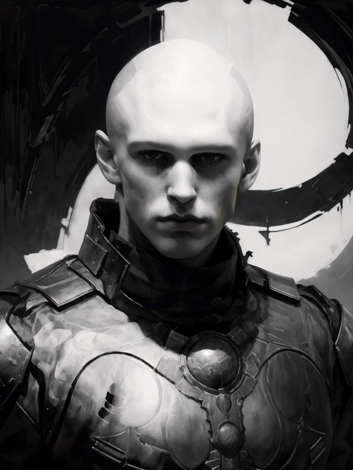 <lora:feydrautha_v1-15:0.9>, feydrautha, (greyscale, monochrome, oil painting:1.21), (2D, royal court portrait of a baron, bald:1.10), realistic face, 1man, pale skin, looking at viewer, artistic, closed mouth, simple background, upper body, evil expression, shadow on face, black ceremonial garment, <lora:BearlySD:0.8>