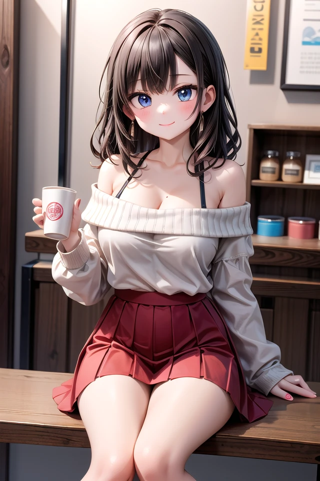 insanely detailed, absurdres, ultra-highres, ultra-detailed, best quality,
1girl, solo, nice hands, perfect hands,
BREAK
wearing sweater, off shoulder sweater, one piece sweater, sweater with long sleeves, bare shoulder, collarbone, red skirt
BREAK
happy smile, laugh, closed mouth,
sitting, holding coffee cup,
from below, cowboy shot, looking at viewer
BREAK
slender, kawaii, perfect symmetrical face, ultra cute girl, ultra cute face, ultra detailed eyes, ultra detailed hair, ultra cute, ultra beautiful,
BREAK
indoors, in coffee shop
BREAK
large breasts, black hair, long hair, black eyes