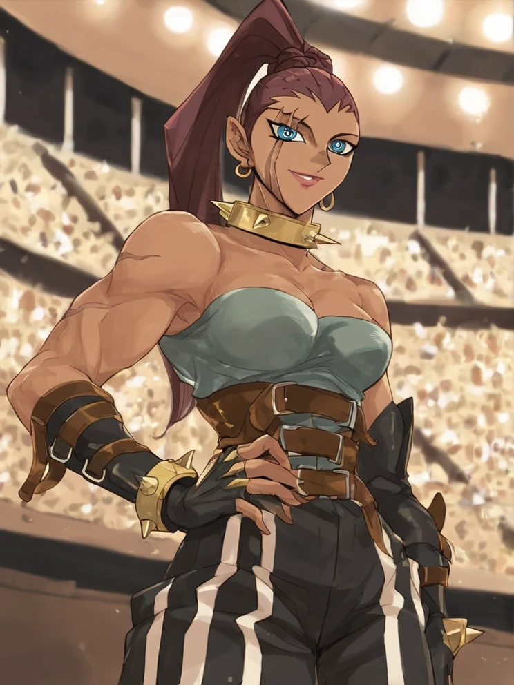 <lora:TaniaPony1.0:0.8> taniayugi, scar, 1girl, corset, solo, high ponytail, hoop earrings, long hair, spikes, spiked collar, blue eyes, earrings, brown hair, breasts, gloves,looking at viewer,  cleavage, bare shoulders, fingerless gloves, smile, spiked bracelet,hand on own hip, score_9, score_8_up, score_7_up, score_6_up,colosseum,