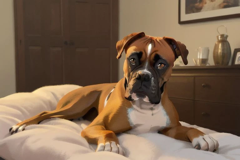 ASCII Dog, boxer dog, chilling in bed, realistic, hdr, real dog, cute, furry dog, looking at viewers, boxer dog sitting on someone,